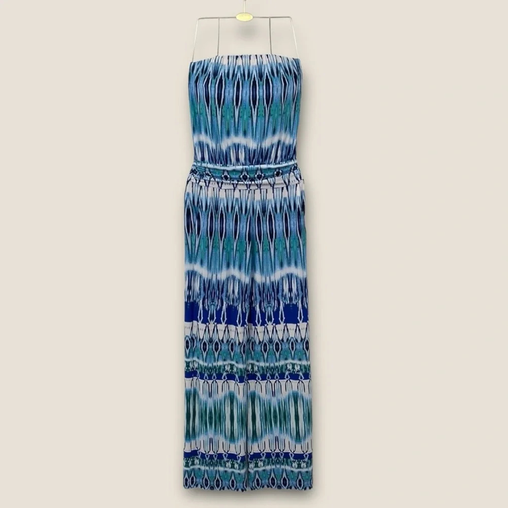 Boston Proper Strapless Jumpsuit Womens Sz XXS Blue Stripes Wide Leg Hippie Boho